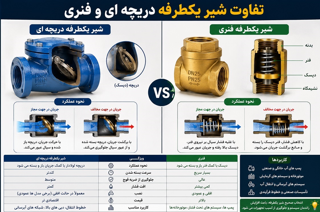 تفاوت شیر یکطرفه دریچه ای و فنری
